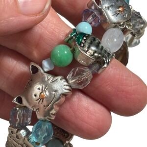 Vintage Silver Tone Blue Green Cat Mouse Fish Meow Charm Stretch Bracelet